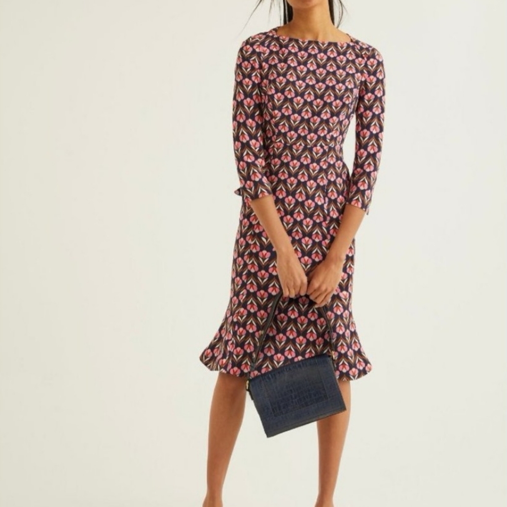 Boden Navy Floral-Print Fit & Flare Dress